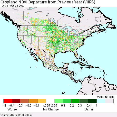 North America Cropland NDVI Departure from Previous Year (VIIRS) Thematic Map For 10/8/2023 - 10/15/2023