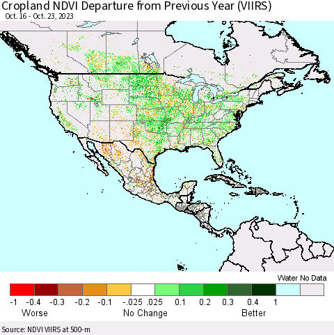 North America Cropland NDVI Departure from Previous Year (VIIRS) Thematic Map For 10/16/2023 - 10/23/2023