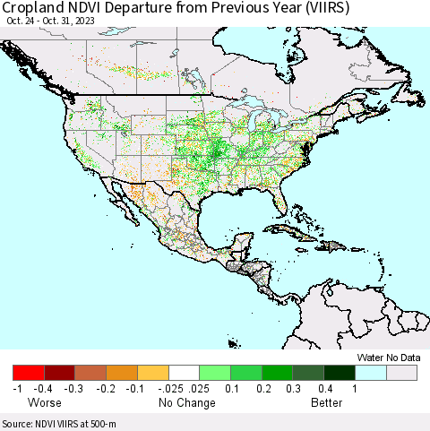 North America Cropland NDVI Departure from Previous Year (VIIRS) Thematic Map For 10/24/2023 - 10/31/2023