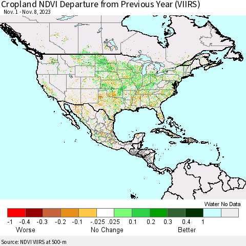 North America Cropland NDVI Departure from Previous Year (VIIRS) Thematic Map For 11/1/2023 - 11/8/2023