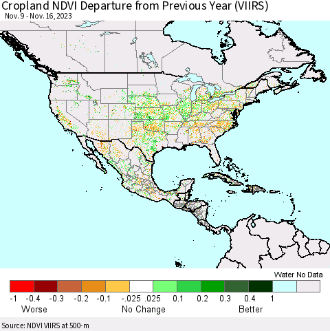 North America Cropland NDVI Departure from Previous Year (VIIRS) Thematic Map For 11/9/2023 - 11/16/2023