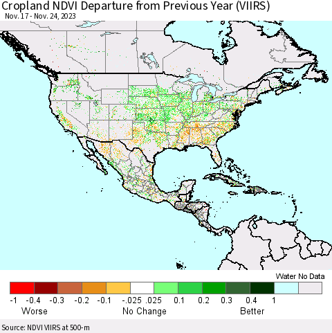 North America Cropland NDVI Departure from Previous Year (VIIRS) Thematic Map For 11/17/2023 - 11/24/2023
