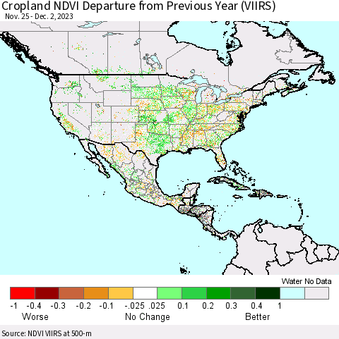 North America Cropland NDVI Departure from Previous Year (VIIRS) Thematic Map For 11/25/2023 - 12/2/2023