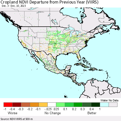North America Cropland NDVI Departure from Previous Year (VIIRS) Thematic Map For 12/3/2023 - 12/10/2023