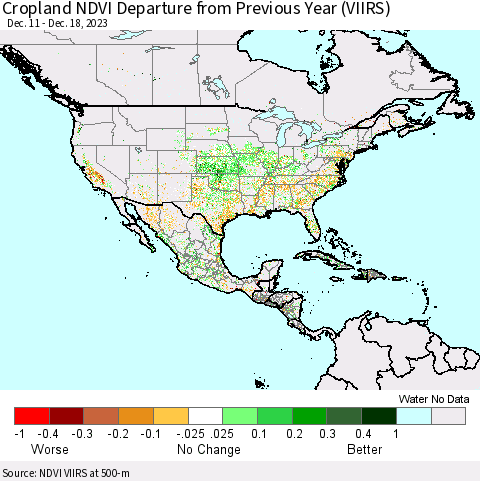 North America Cropland NDVI Departure from Previous Year (VIIRS) Thematic Map For 12/11/2023 - 12/18/2023