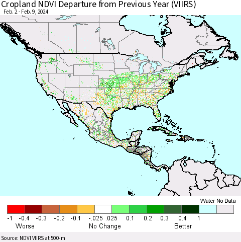 North America Cropland NDVI Departure from Previous Year (VIIRS) Thematic Map For 2/2/2024 - 2/9/2024