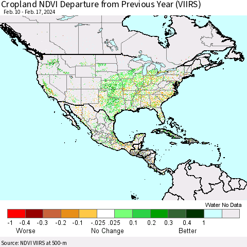 North America Cropland NDVI Departure from Previous Year (VIIRS) Thematic Map For 2/10/2024 - 2/17/2024