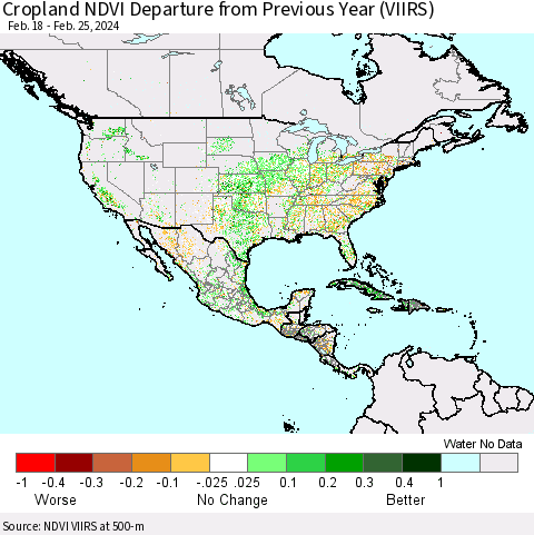 North America Cropland NDVI Departure from Previous Year (VIIRS) Thematic Map For 2/18/2024 - 2/25/2024