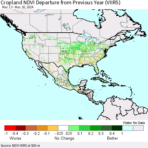 North America Cropland NDVI Departure from Previous Year (VIIRS) Thematic Map For 3/13/2024 - 3/20/2024