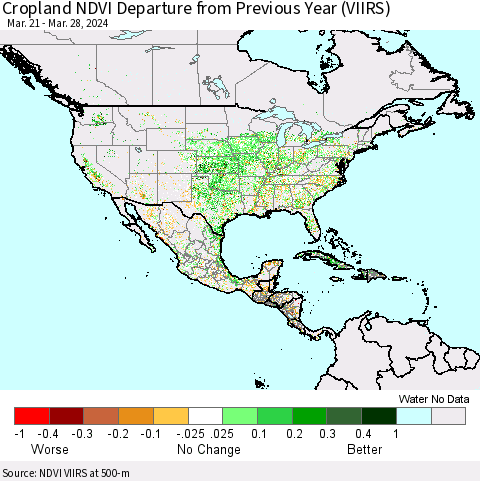 North America Cropland NDVI Departure from Previous Year (VIIRS) Thematic Map For 3/21/2024 - 3/28/2024