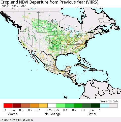North America Cropland NDVI Departure from Previous Year (VIIRS) Thematic Map For 4/14/2024 - 4/21/2024