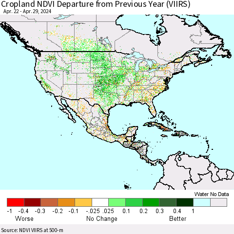 North America Cropland NDVI Departure from Previous Year (VIIRS) Thematic Map For 4/22/2024 - 4/29/2024