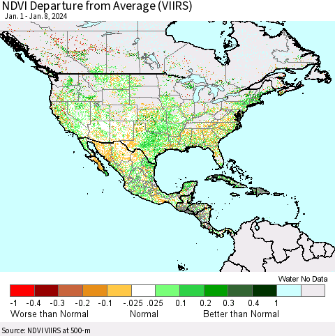 North America NDVI Departure from Average (VIIRS) Thematic Map For 1/1/2024 - 1/8/2024
