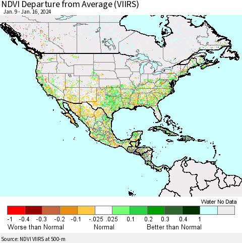North America NDVI Departure from Average (VIIRS) Thematic Map For 1/9/2024 - 1/16/2024