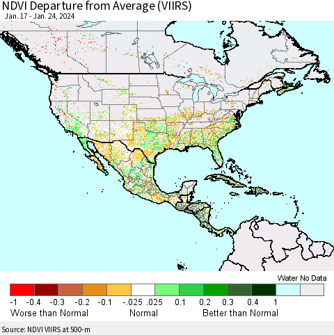 North America NDVI Departure from Average (VIIRS) Thematic Map For 1/17/2024 - 1/24/2024