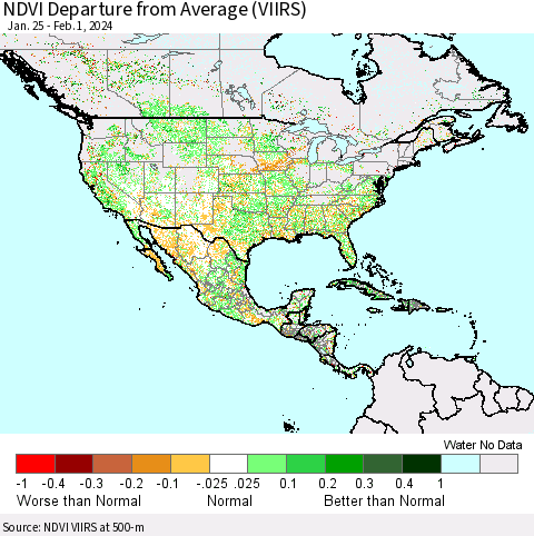 North America NDVI Departure from Average (VIIRS) Thematic Map For 1/25/2024 - 2/1/2024