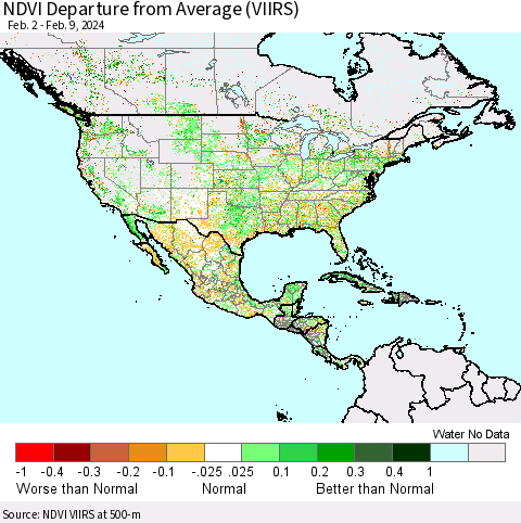 North America NDVI Departure from Average (VIIRS) Thematic Map For 2/2/2024 - 2/9/2024