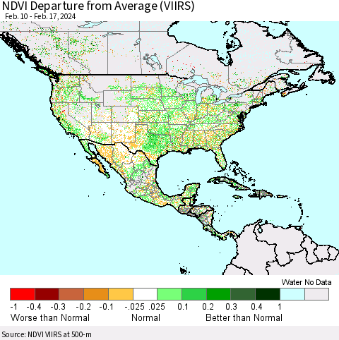 North America NDVI Departure from Average (VIIRS) Thematic Map For 2/10/2024 - 2/17/2024