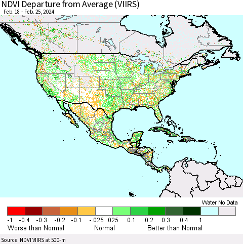 North America NDVI Departure from Average (VIIRS) Thematic Map For 2/18/2024 - 2/25/2024