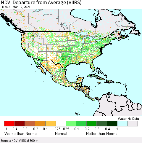 North America NDVI Departure from Average (VIIRS) Thematic Map For 3/5/2024 - 3/12/2024