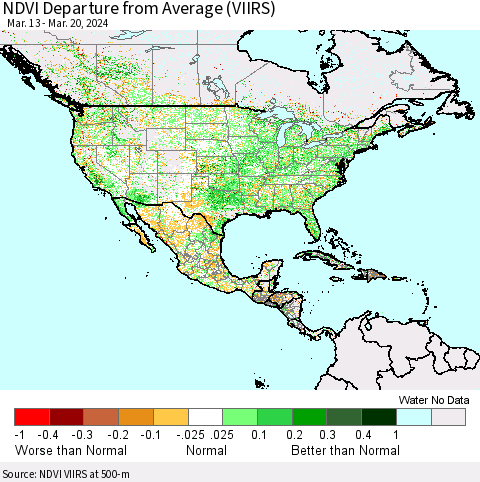 North America NDVI Departure from Average (VIIRS) Thematic Map For 3/13/2024 - 3/20/2024