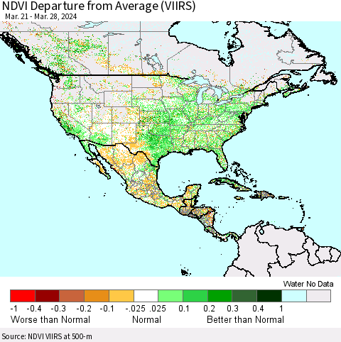 North America NDVI Departure from Average (VIIRS) Thematic Map For 3/21/2024 - 3/28/2024