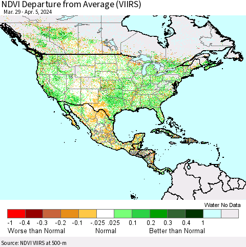 North America NDVI Departure from Average (VIIRS) Thematic Map For 3/29/2024 - 4/5/2024