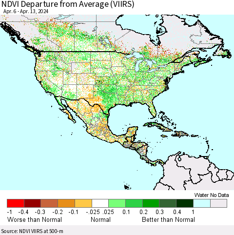 North America NDVI Departure from Average (VIIRS) Thematic Map For 4/6/2024 - 4/13/2024
