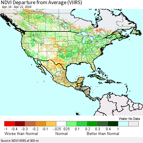 North America NDVI Departure from Average (VIIRS) Thematic Map For 4/14/2024 - 4/21/2024