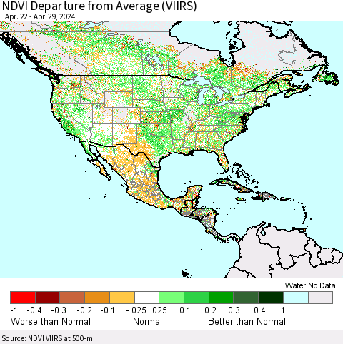 North America NDVI Departure from Average (VIIRS) Thematic Map For 4/22/2024 - 4/29/2024