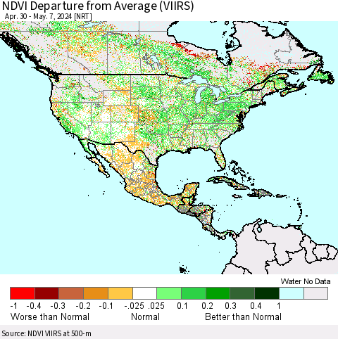 North America NDVI Departure from Average (VIIRS) Thematic Map For 4/30/2024 - 5/7/2024