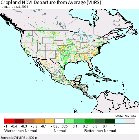 North America Cropland NDVI Departure from Average (VIIRS) Thematic Map For 1/1/2024 - 1/8/2024