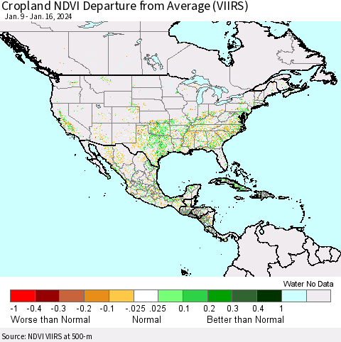 North America Cropland NDVI Departure from Average (VIIRS) Thematic Map For 1/9/2024 - 1/16/2024