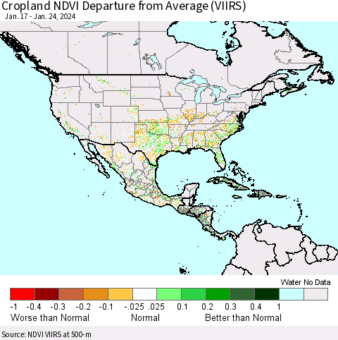 North America Cropland NDVI Departure from Average (VIIRS) Thematic Map For 1/17/2024 - 1/24/2024