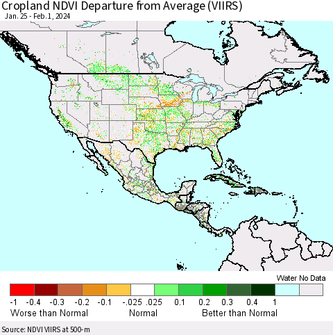 North America Cropland NDVI Departure from Average (VIIRS) Thematic Map For 1/25/2024 - 2/1/2024