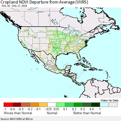 North America Cropland NDVI Departure from Average (VIIRS) Thematic Map For 2/10/2024 - 2/17/2024