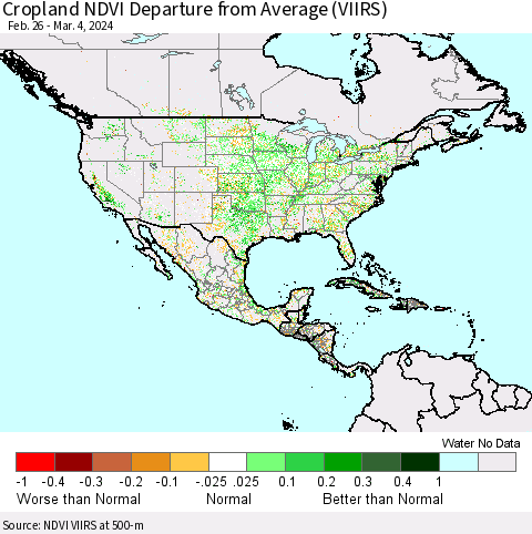 North America Cropland NDVI Departure from Average (VIIRS) Thematic Map For 2/26/2024 - 3/4/2024