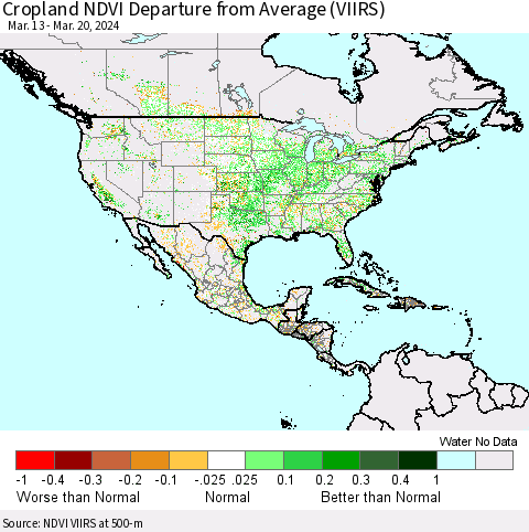 North America Cropland NDVI Departure from Average (VIIRS) Thematic Map For 3/13/2024 - 3/20/2024