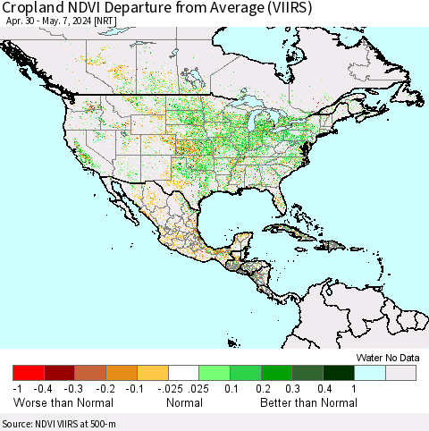 North America Cropland NDVI Departure from Average (VIIRS) Thematic Map For 4/30/2024 - 5/7/2024