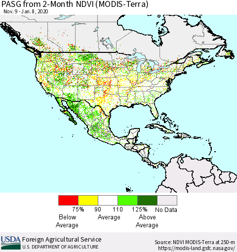 North America PASG from 2-Month NDVI (Terra-MODIS) Thematic Map For 1/1/2020 - 1/10/2020
