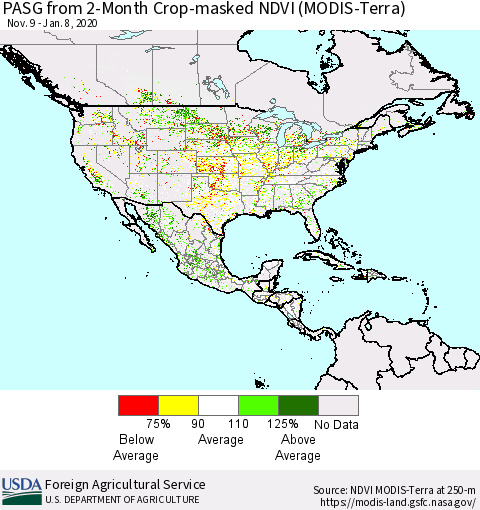 North America PASG from 2-Month Cropland NDVI (Terra-MODIS) Thematic Map For 1/1/2020 - 1/10/2020