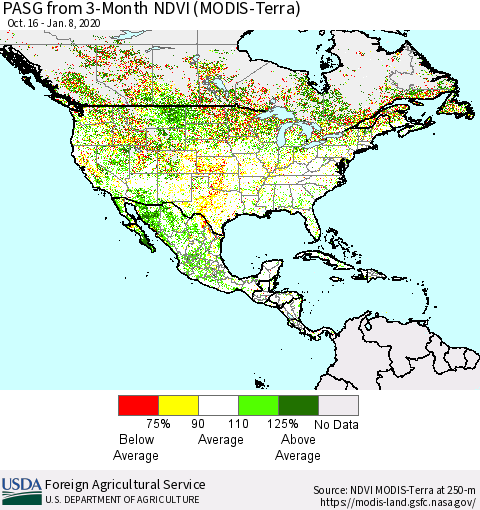 North America PASG from 3-Month NDVI (Terra-MODIS) Thematic Map For 1/1/2020 - 1/10/2020