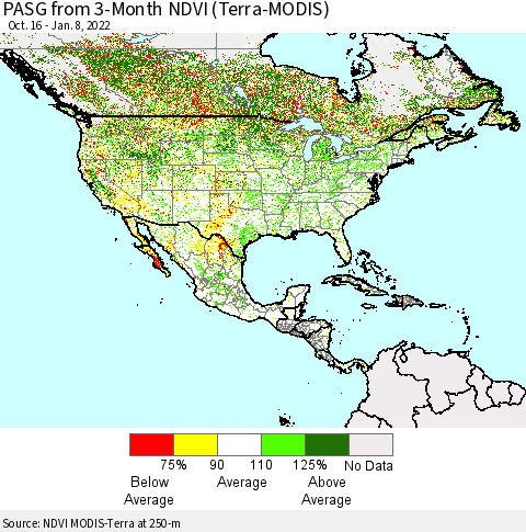 North America PASG from 3-Month NDVI (Terra-MODIS) Thematic Map For 1/1/2022 - 1/8/2022