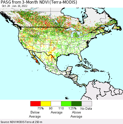 North America PASG from 3-Month NDVI (Terra-MODIS) Thematic Map For 1/9/2022 - 1/16/2022