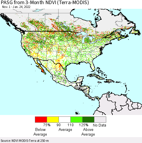North America PASG from 3-Month NDVI (Terra-MODIS) Thematic Map For 1/17/2022 - 1/24/2022