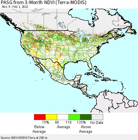 North America PASG from 3-Month NDVI (Terra-MODIS) Thematic Map For 1/25/2022 - 2/1/2022