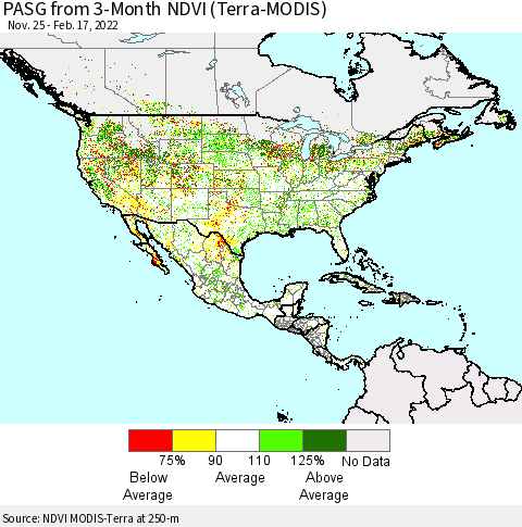 North America PASG from 3-Month NDVI (Terra-MODIS) Thematic Map For 2/10/2022 - 2/17/2022