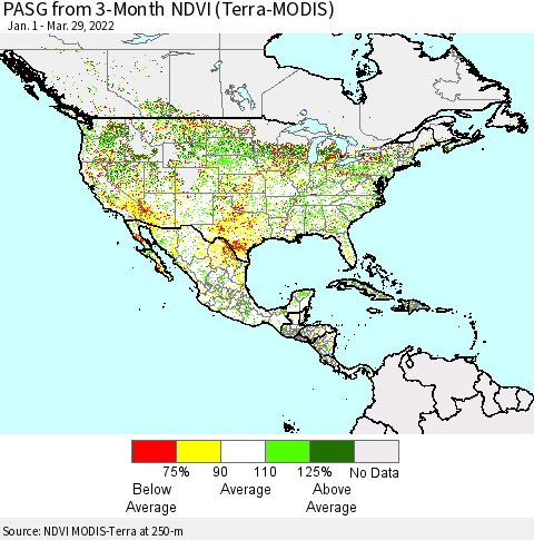 North America PASG from 3-Month NDVI (Terra-MODIS) Thematic Map For 3/22/2022 - 3/29/2022