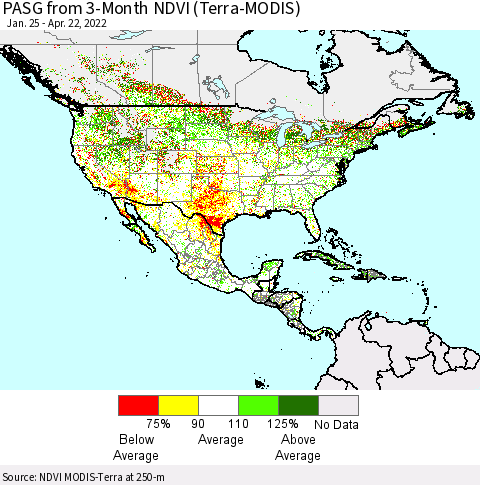 North America PASG from 3-Month NDVI (Terra-MODIS) Thematic Map For 4/15/2022 - 4/22/2022