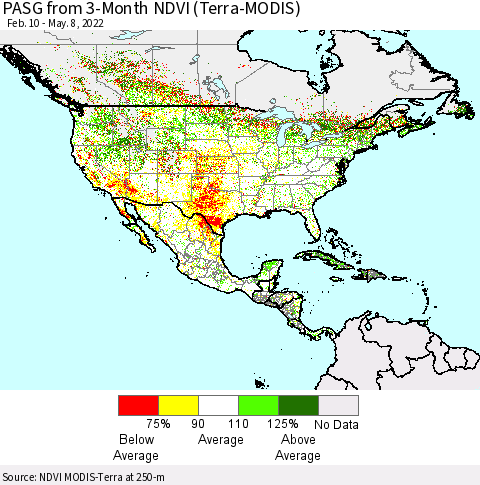 North America PASG from 3-Month NDVI (Terra-MODIS) Thematic Map For 5/1/2022 - 5/8/2022